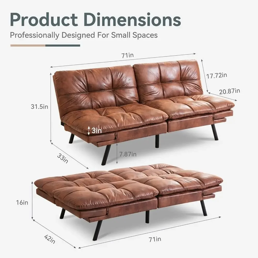 Brown Leatherette Convertible Sofa Bed with Memory Foam, Adjustable Backrest & Armrests, Multifunctional Small Loveseat Sleeper
