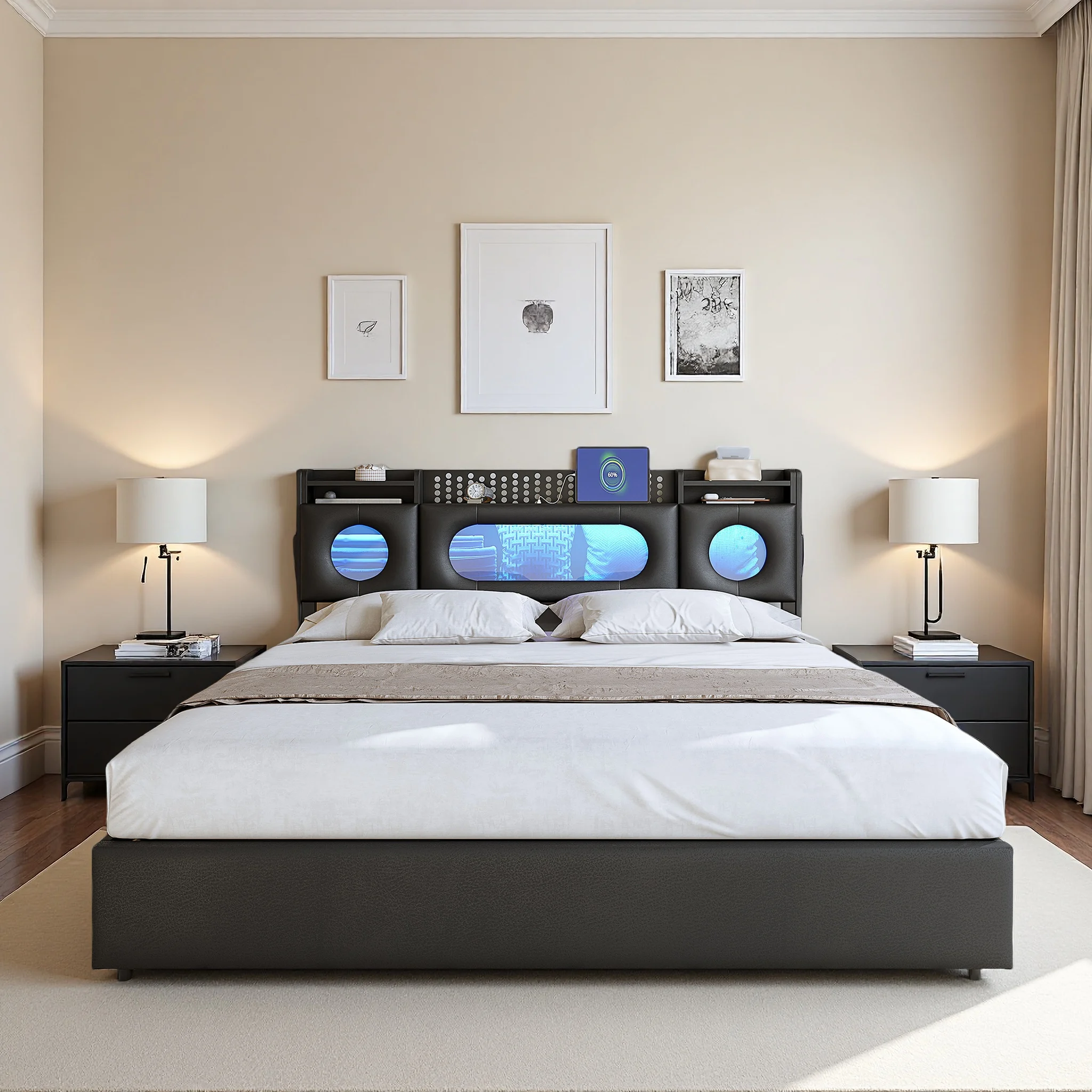 Rosahqnda Polsterbett 140/160x200, mit LED-Lichtleiste, USB-Ladefunktion, Stauraum, PU-Leder, Etagenbett-Box, Doppelbett