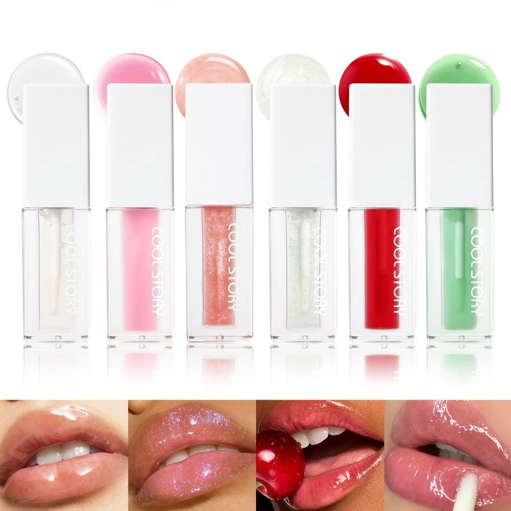 Óleo Labial Transparente com Glitter 6 Cores Efeito Volumizador Hidratante Brilho Gelatinoso Não Pegajoso para Maquiagem Diária, Festas e Noites de Gala Feminina