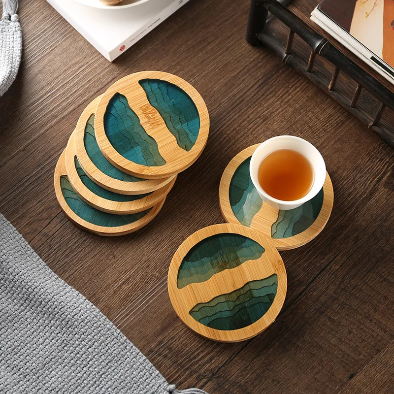 Creative epoxy resin transparent bamboo round tea coaster cup holder potholder Kung Fu tea set tea ceremony accessories supplies