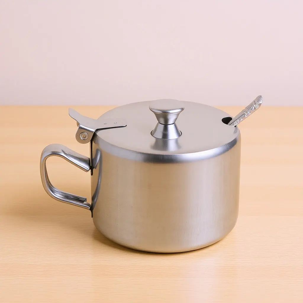 Stainless Steel Sugar Bowls with Lid and Spoon Kitchen Condiment Jar Seasoning Container for Sugar Salt Spices Easy Scoop Handle