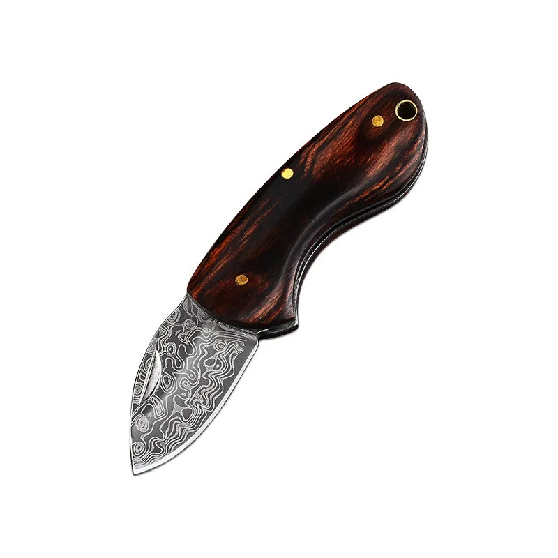 Solid wood + Damascus pattern outdoor high hardness folding knife camping fishing knife mini portable knife exquisite