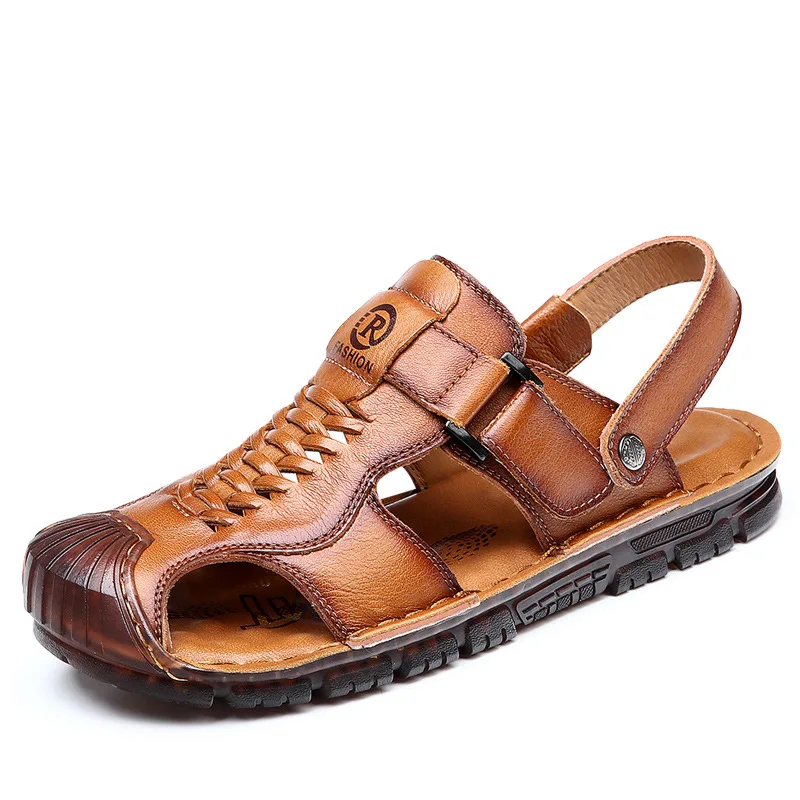 Men's Top Layer Cowhide Sandals Summer Casual Beach Shoes Men's Non Slip Hollow Slippers