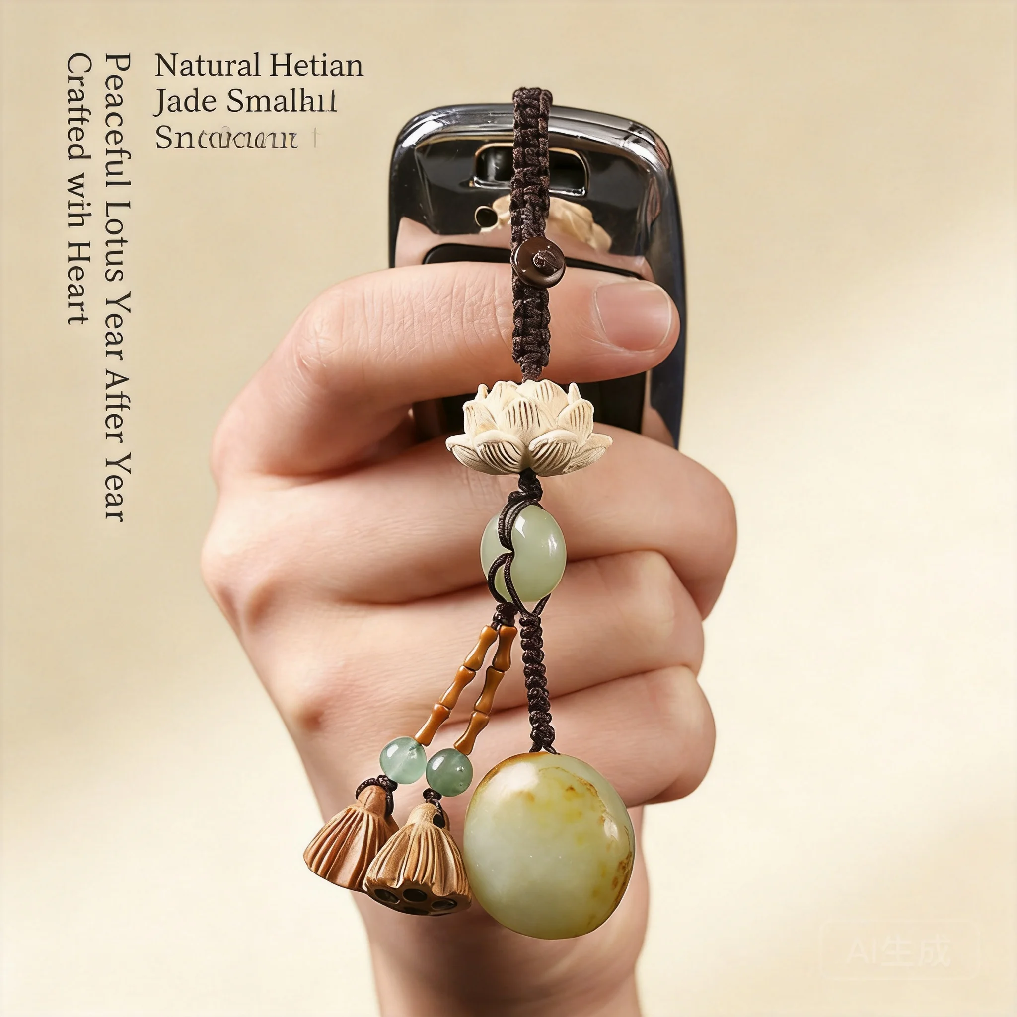 Chinese Style Lucky Auspicious Hetian Jade Peach Wood Lotus Seedpod Peace Blessing Car Keychain Phone Lanyard Wealth Attracting