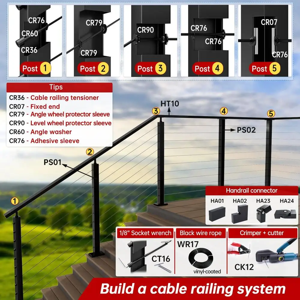 40 Pack 30 Degree Angle Wheel Protector Sleeve Cable Railing Kit Metal Posts 1/8" 5/32" 3/16" T316 Stainless Steel Easy Install