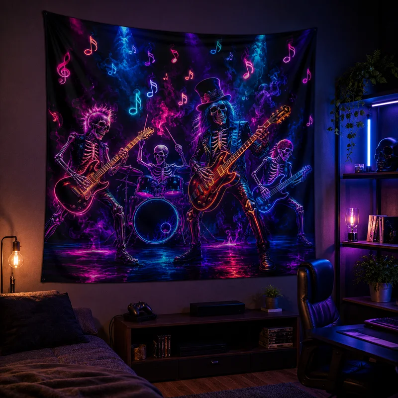 VIKAMA Dancing Skeleton Tapestry, Neon Dancing Wall Hanging Fabric, Psychedelic Rock Wall Hanging Decoration, Home Decoration