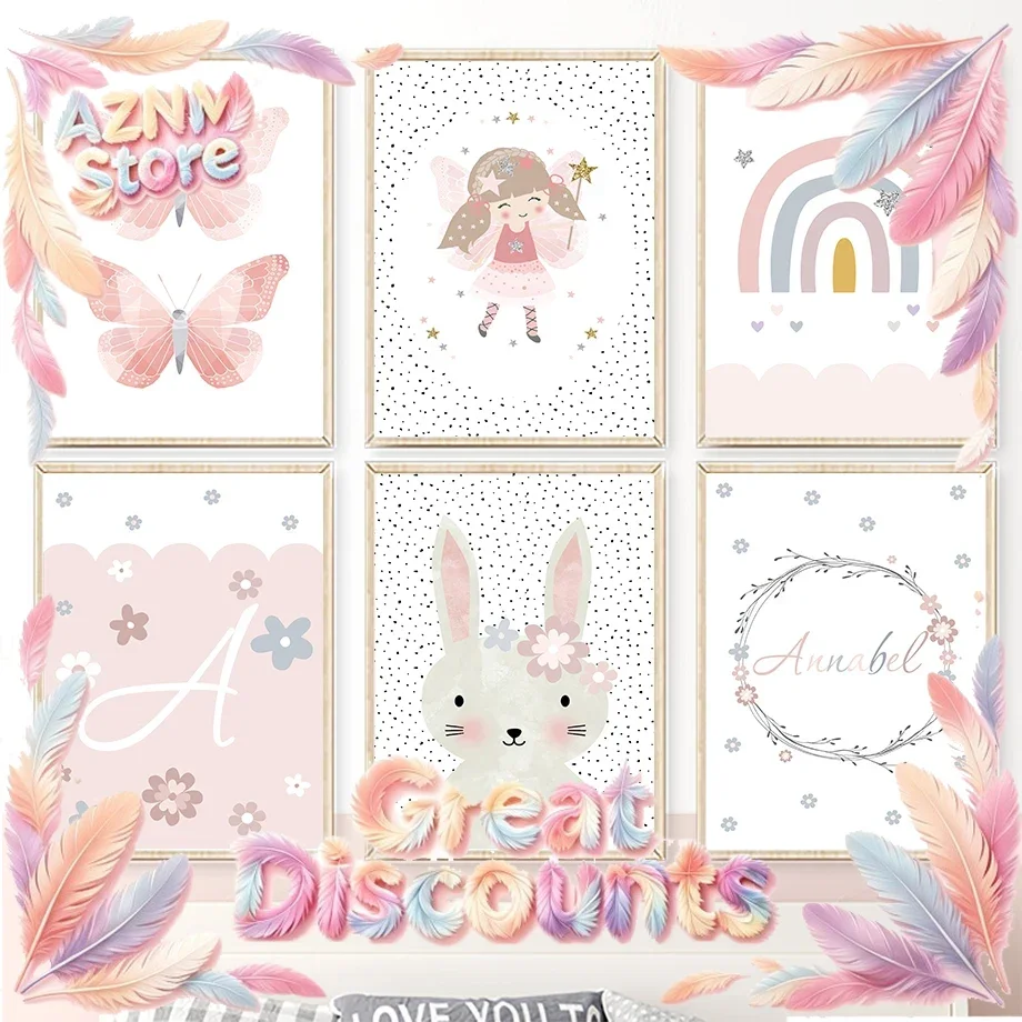 Linda Pintura en Lienzo de Conejita, Flor, Mariposa y Arcoíris, Pósteres e Impresiones para Cuarto de Bebé, Cuadros Decorativos para Habitación Infantil
