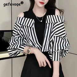 Women Sexy Off Shoulder Striped Print Patchwork Shirts Korean Fashion Fake Two Pieces Chic Blouse Casual Simple Long Sleeve Tops