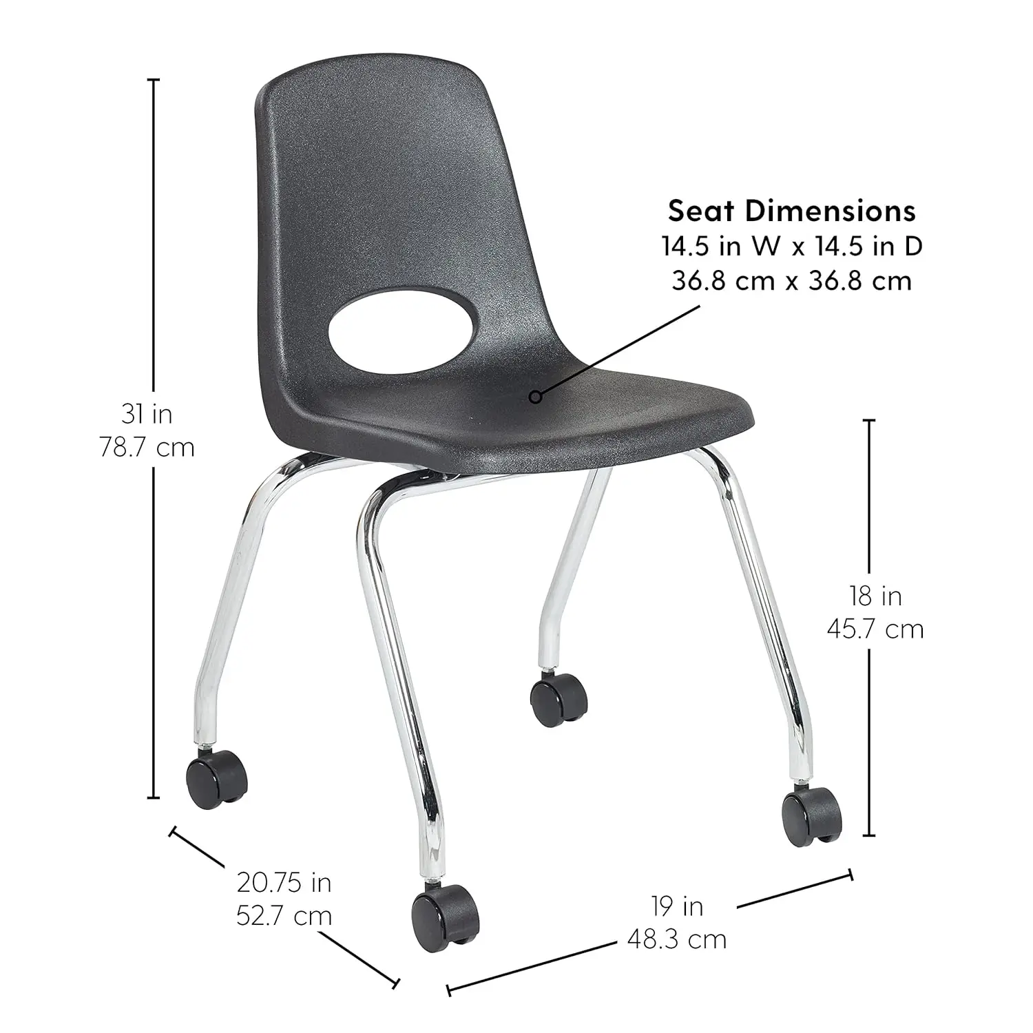 Direct Partners 10372-BK 18" Mobile School Chair with Wheels for Kids, Teens and Adults; Ergonomic Seat for in-Home Learning, Cl