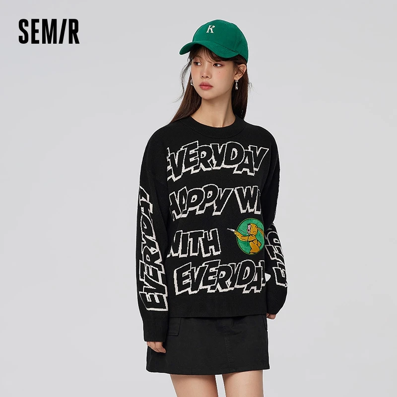 Semir Sweater Women Design Sense Letter Knitted Sweater Spring Loose Embroidered Low Round Neck Pullover Top