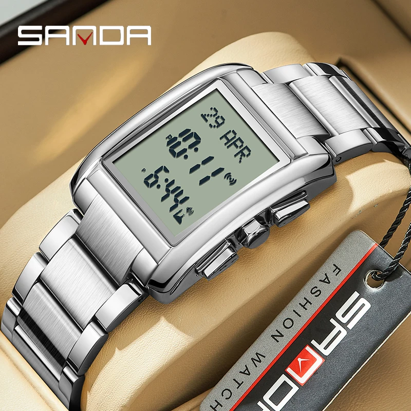 SANDA New Top-grade Men\'s Watch Waterproof Sports LED Digital Stainless Steel Watchband Electronic Watch Hot Relogios Masculino