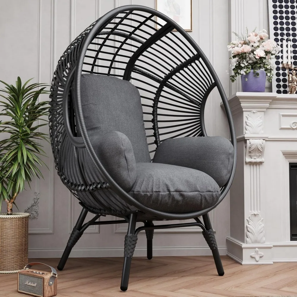 

Oversized Wicker Egg Chair, Outdoor Indoor Rattan Patio Egg Lounge Chairs with Cushion 500lbs Capacity for Living Room, Balcony,