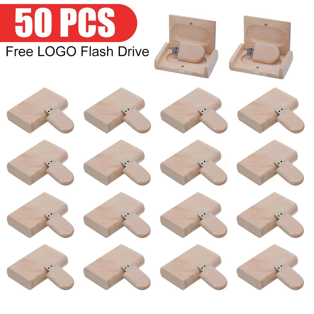 50 PCS LOT USB Flash Drives 128GB Wooden Box Pen Drive 64GB Free Custom Logo Memory Stick 32GB Photography Wedding Gifts