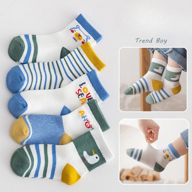 5 Pairs Spring and Summer New Kids Cartoon Cute Fashion Boy Sports Academy Style Mesh Breathable Comfortable Socks