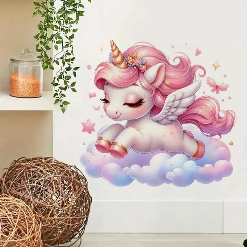 Cute Pink Unicorn Sticker, Apply for Wall, Door, Cabinet, Window, Vinyl Animal Decals, Art Wallpaper Home Decoration M1411