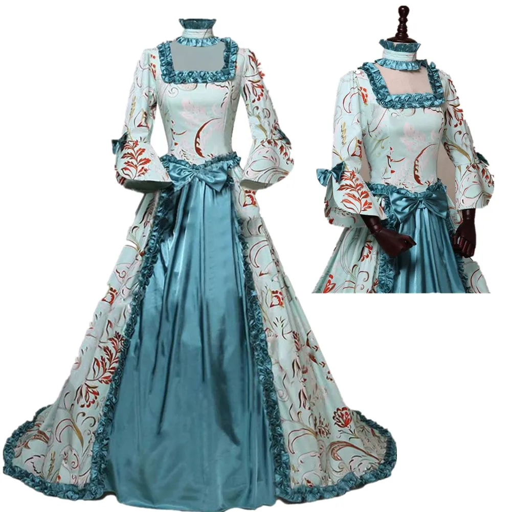 

Women Medieval Retro Dress Ladies Gowns Floral Print Palace Style Vintage Costume Halloween Carnival Party Adult Cosplay Suit