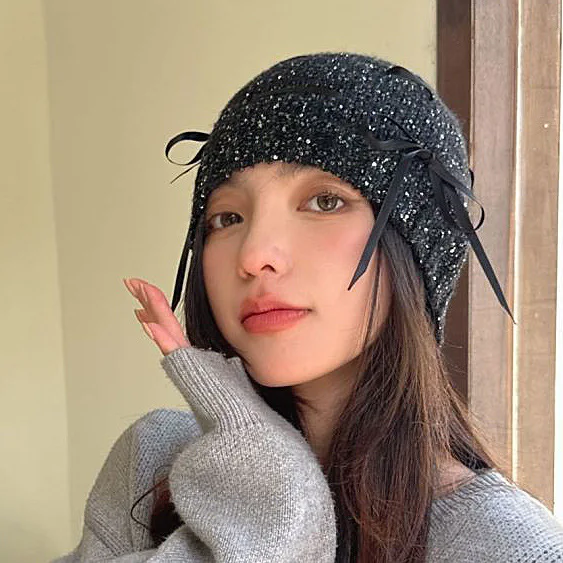 New Y2k Street Cool Knitted Hat Women Autumn Sequined Glitter Beanie Fashion Hip Hop Personality Winter Warm Skull Cold Cap