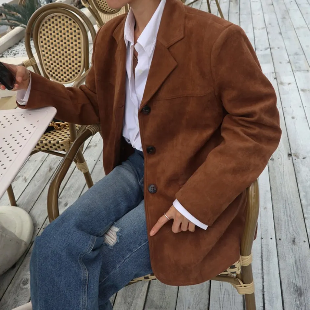 

Winter Women's Loose Brown Suede Jacket Long Sleeve Retro Pocket Detail Suit Jacket Fashionable Outerwear for Ladies
