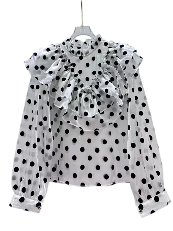 빈티지 러플 스탠드 칼라 폴카 도트 여성 셔츠 2026 새로운 봄 한국 스타일 우아한 루즈 슬리밍 긴팔 탑