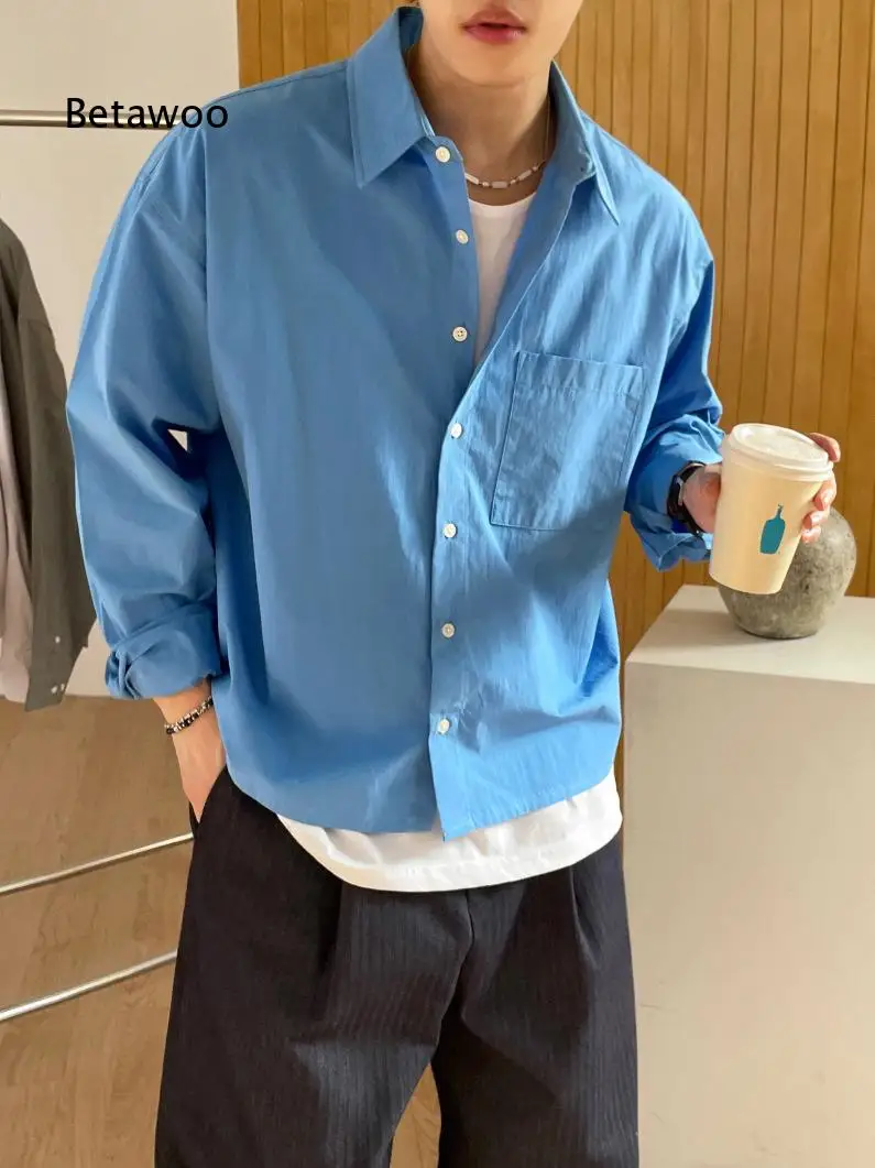 Simple Style Cropped Long Sleeve Shirt For Men Autumn Loose Casual Blouse Korean Youthful Vibe Top For Various Daily Styling Lo