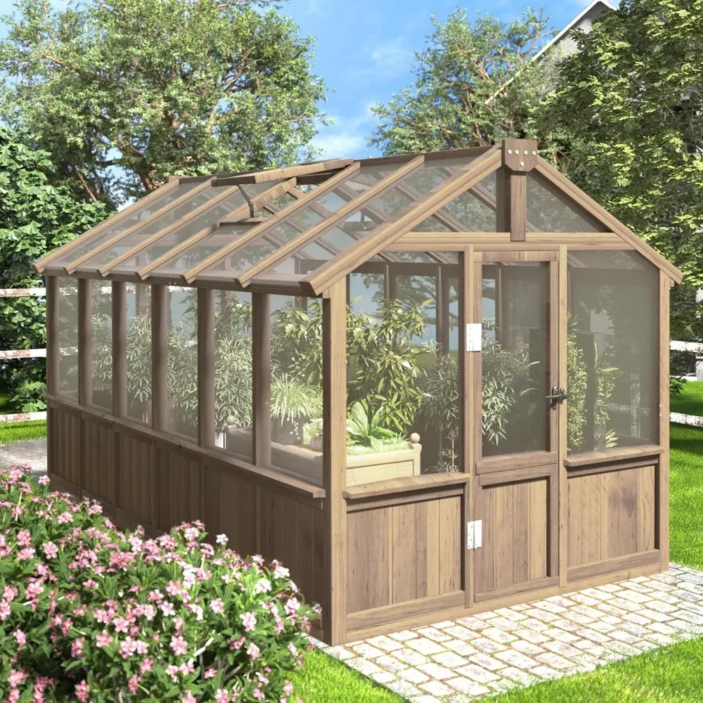 6x12 FT Greenhouse with Lockable Door and Adjustable Roof Vent for Backyard Garden, Polycarbonate Wooden Walk-in Greenhouse