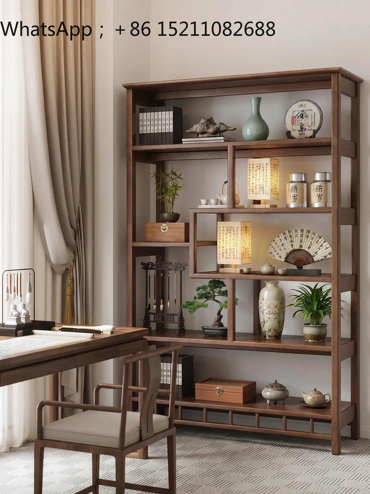 SCY solid wood Bogu frame Duobao Pavilion tea rack partition rubber wood storage display cabinet