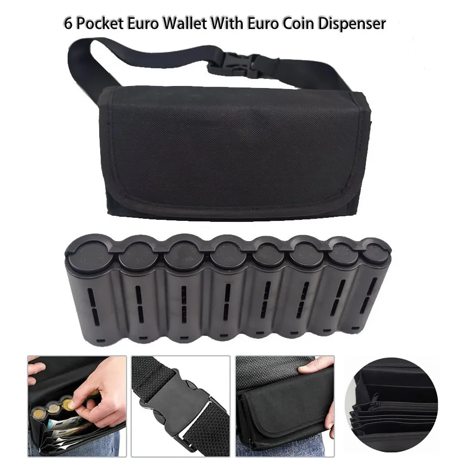 6 Pockets Euro Wallet Fanny Pack Waist Bag 8 Slots Euro Coin Holder Dispenser For Waiter Driver Cashier Money Bills Safe