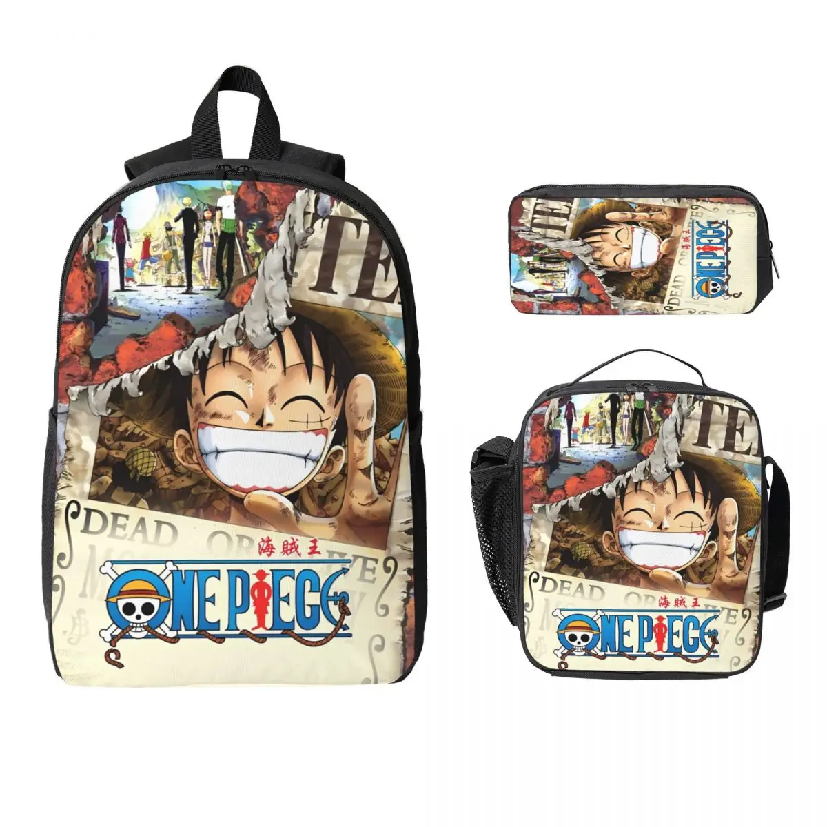 

3Pcs One Piece Luffy merch Backpack Set for Boy Girl Pencil Boxes Bookbag Sets with Lunch Box For School Students Knapsack