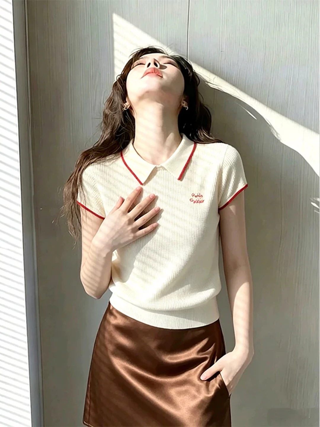 Korean College Style Color Block  Neck Knitted Short Sleeve T-Shirt Women Summer Loose Slimming Ice Silk Top Trendy