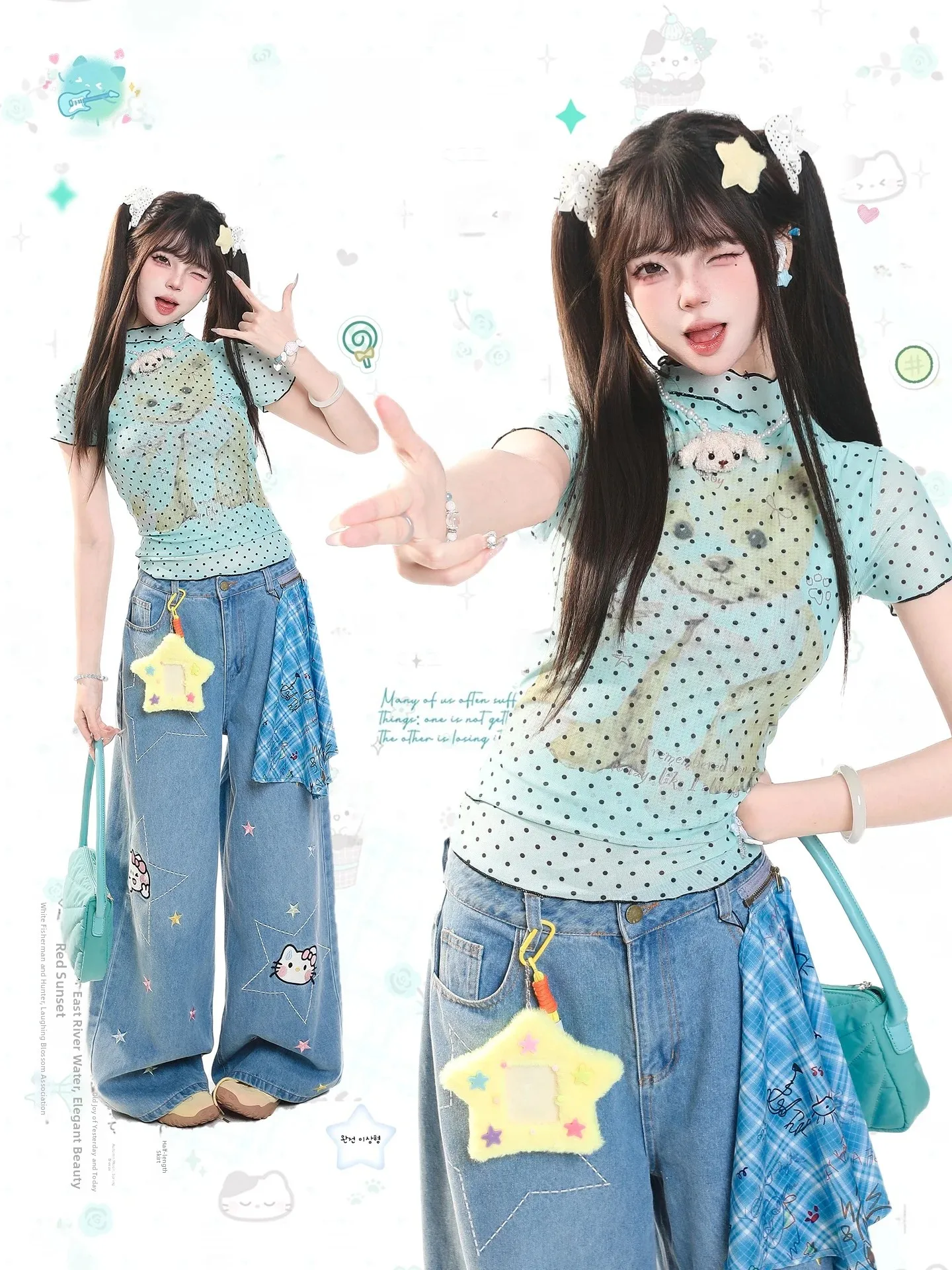 Cute Bear Polka Dot Short Sleeve T-Shirt Women's High Collar Slimming Fun Print Anti-Aging Top Casual Style round Neck