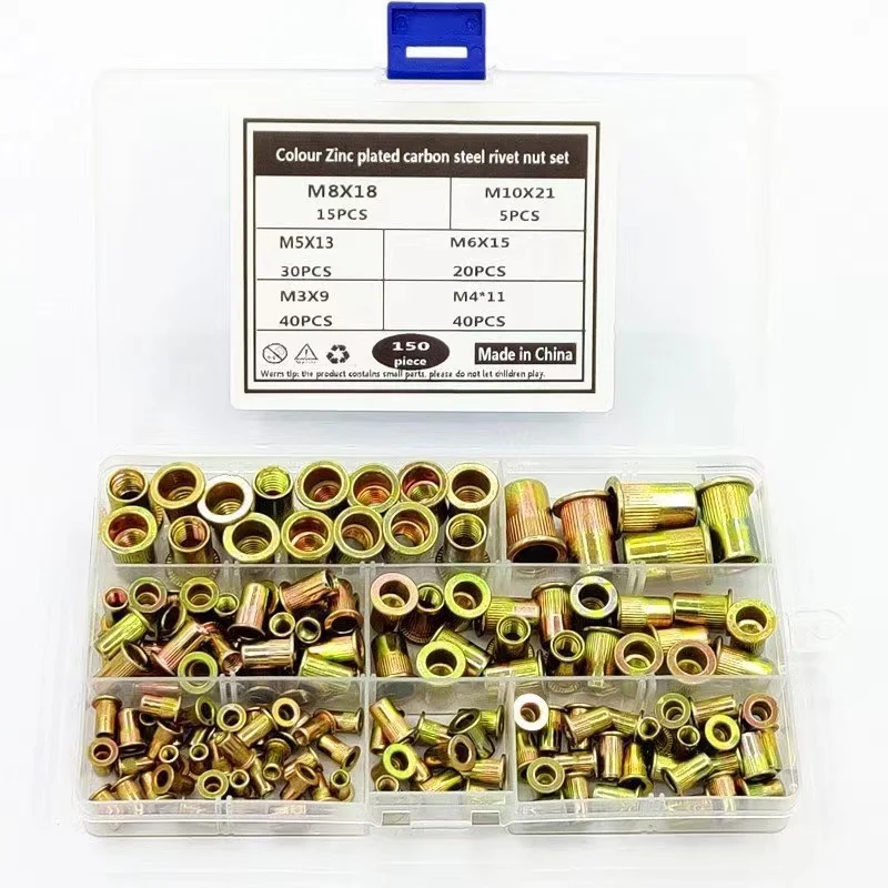 

150pcs boxed M3-M10 specification zinc plated flat head rivet nut kit with vertical rivet insert