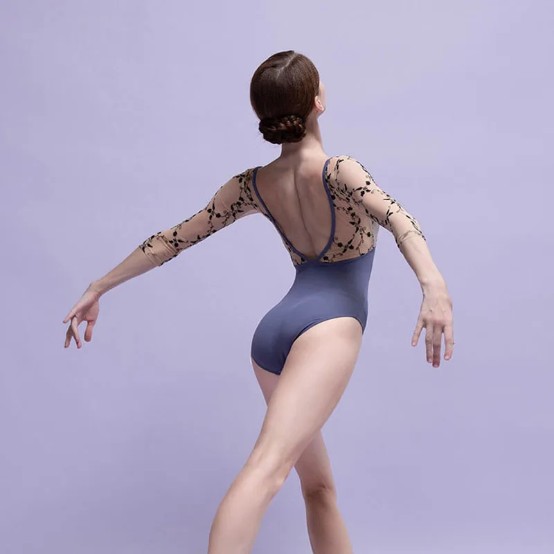 

New Embroidered elastic mesh Ballet Leotard Women three-quarter sleeve Gymnastics Bodysuit high quality Dancewear