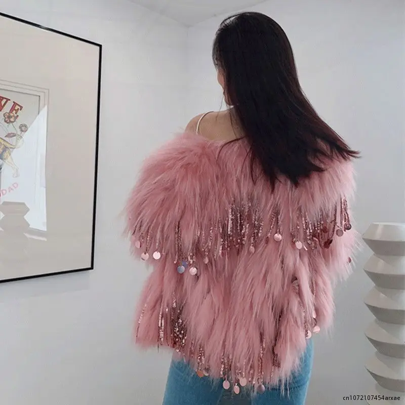 Women's Short Imitation Raccoon Winter Faux Fox Fur Grass Sequined Tassels Coat Fur Beaded Fringed Bomber Jacket Cardigan Abrigo