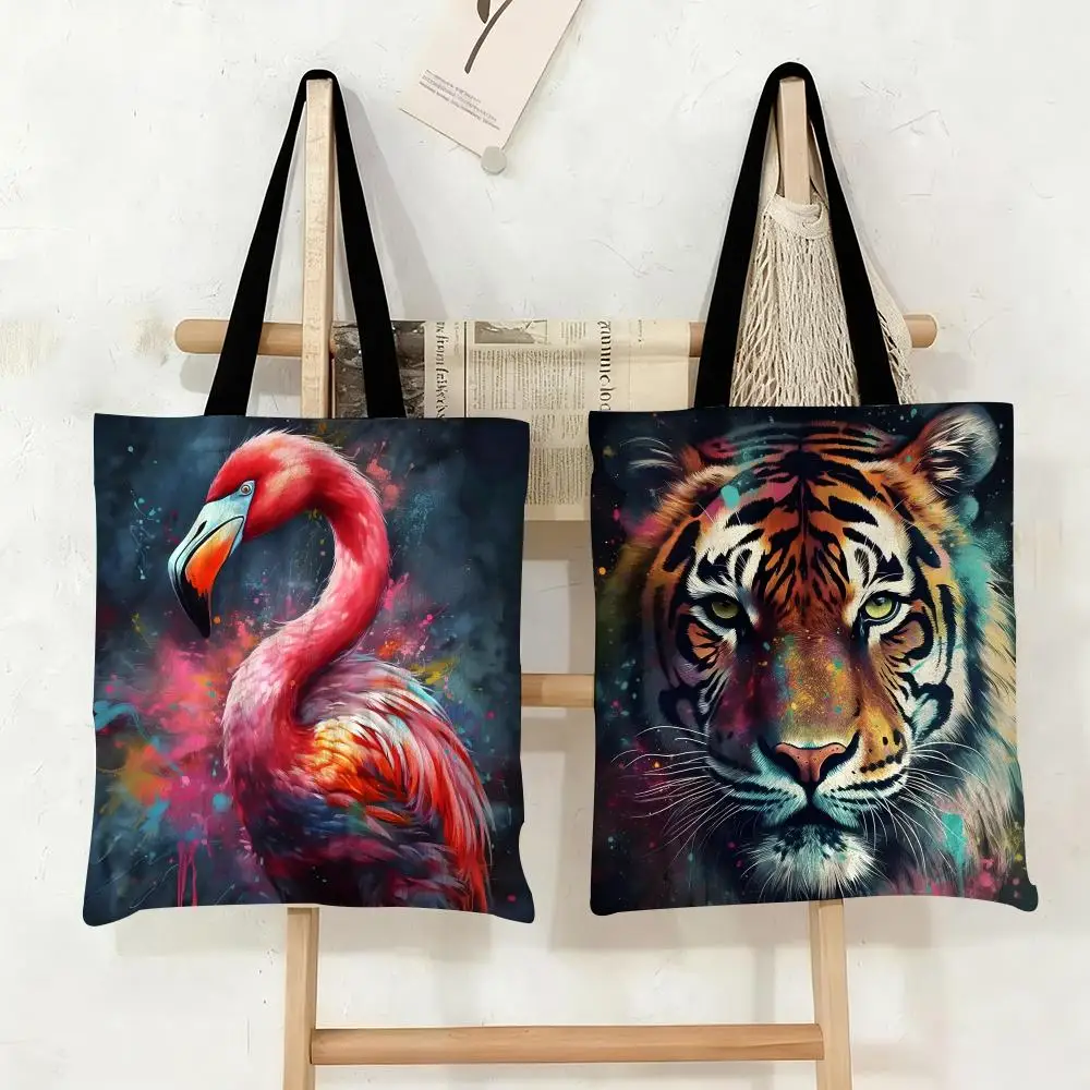 Lion Tiger Animal Storage Bags Canvas Tote Bag Large Capacity Double-Sided Print Reusable Shopping Bag Eco-Friendly Shoulder Bag