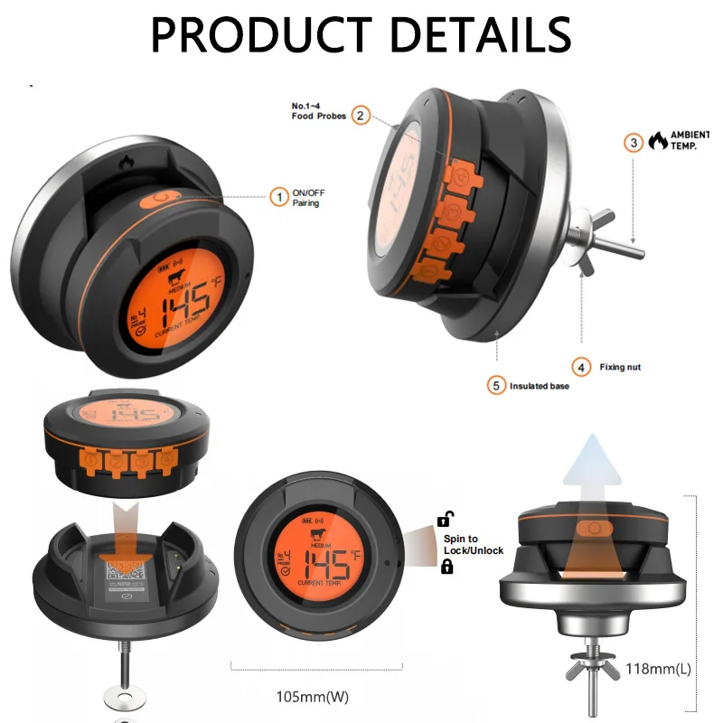 Imagem -06 - Termômetro de Carne sem Fio Bluetooth Digital Leitura Instantânea Interior ao ar Livre Cozinhar Alimentos Churrasco Churrasqueira Forno Suporte a Fumantes Sonda