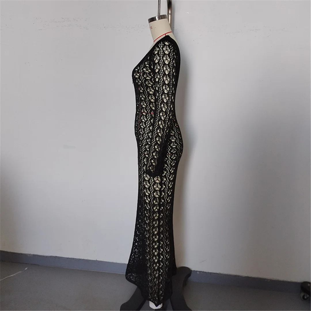 2026 Langarm-Strick-Tunika mit Ausschnitten am Rücken, rückenfreies Strandkleid, Strandmode, Strandbekleidung, Strand-Cover-up, Damen V6551 – Detail 26