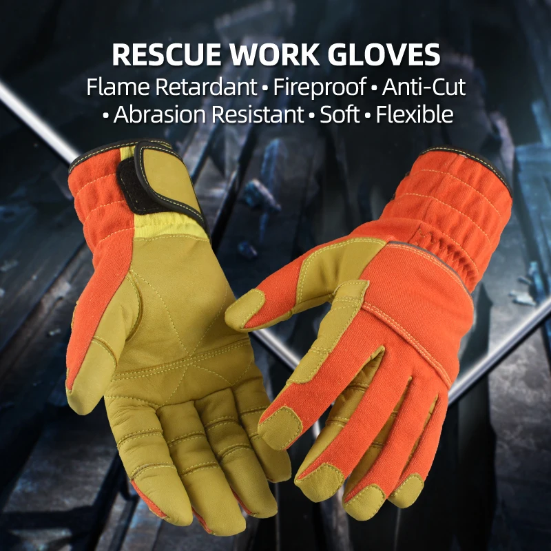 XYEHS 1 Pair/ 2 Pcs Flame Retardant Anti-Cut Safety Work Gloves Cowhide Aramid Fabric Fire-Proof Heat Insulated Emergency Rescue