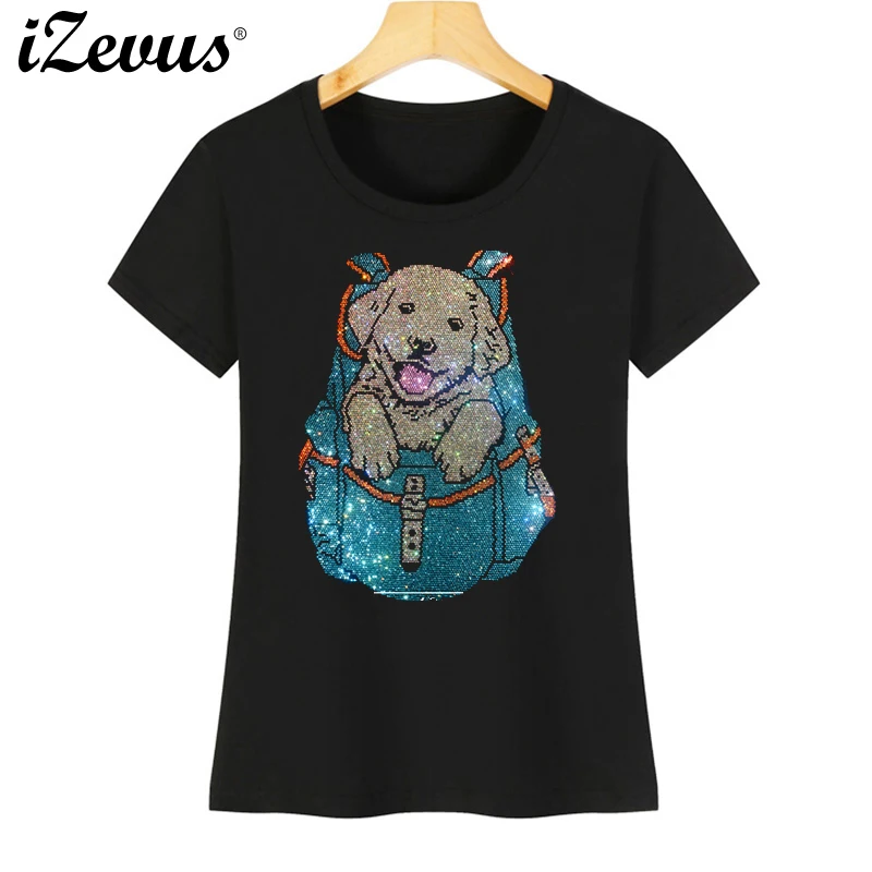 New high-quality ladies summer short-sleeved cotton casual T-shirt creative dog backpack drill T-shirt S-4XL