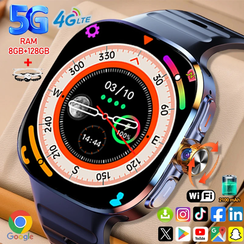 

4G/5G SIM-карта Новые умные часы 2,40 дюйма 720*720 AMOLED-экран 8 ГБ + 128 ГБ ОЗУ 900 Вт Камера GPS WIFI Google Приложение Загрузка Smartwatch
