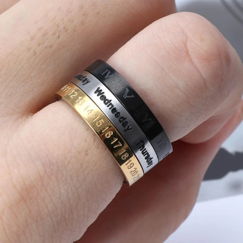 Titanium Steel Cool Punk Spinner Male Date Time Calendar Creative Rotatable 3 Part Roman Numerals Ring Mens Anxiety Fidget Rings