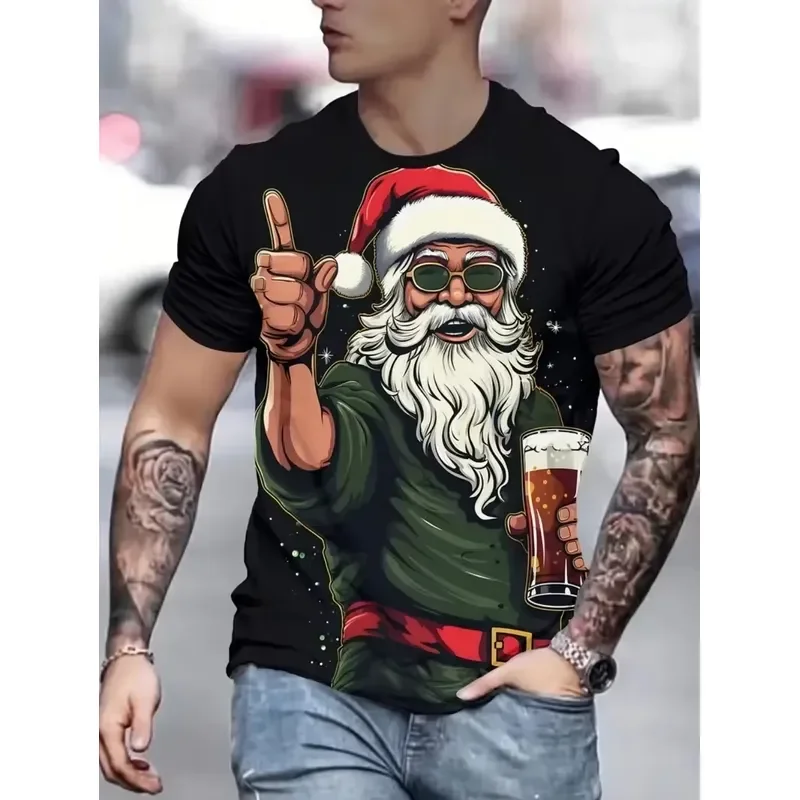 Men T Shirt 3D Print Santa Claus Quick Dry Breathable Sport Plus Size Outdoor Street Casual Christmas Party Clothing Top Summer
