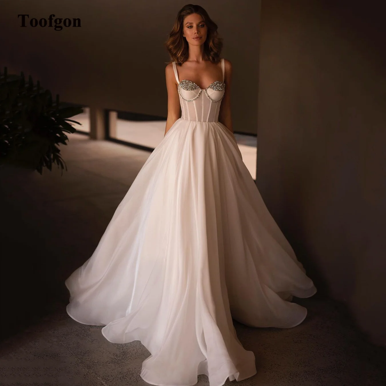 Toofgon A Line Organza Lange Trouwjurken Strapless Kralen Sweetheart Getailleerde Botten Formele Bruid Jurk Vrouwen Feest Bruidsjurken