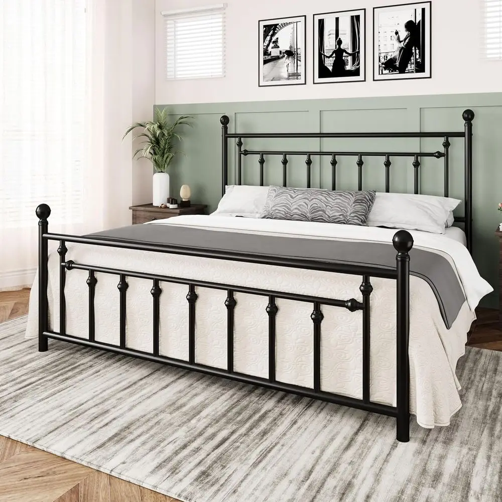 14 Inch King Metal Bed Frame with Victorian Style Headboard and Footboard, Mattress Foundation, Storage Space, No Box Spring Nee