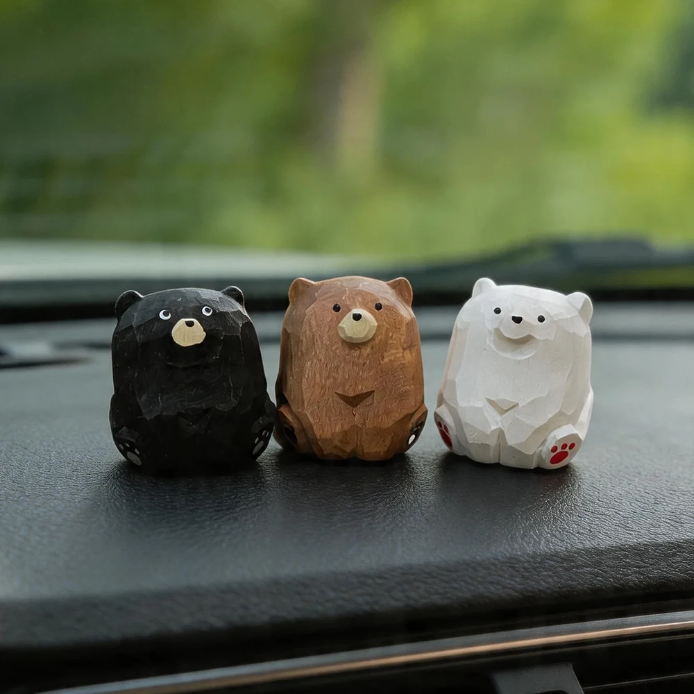 Cute Hand Carved Wooden Bear Figurines Mini Polar Brown Black Bear Ornaments Natural Wood Animal Sculpture Home Desk Decor Gift
