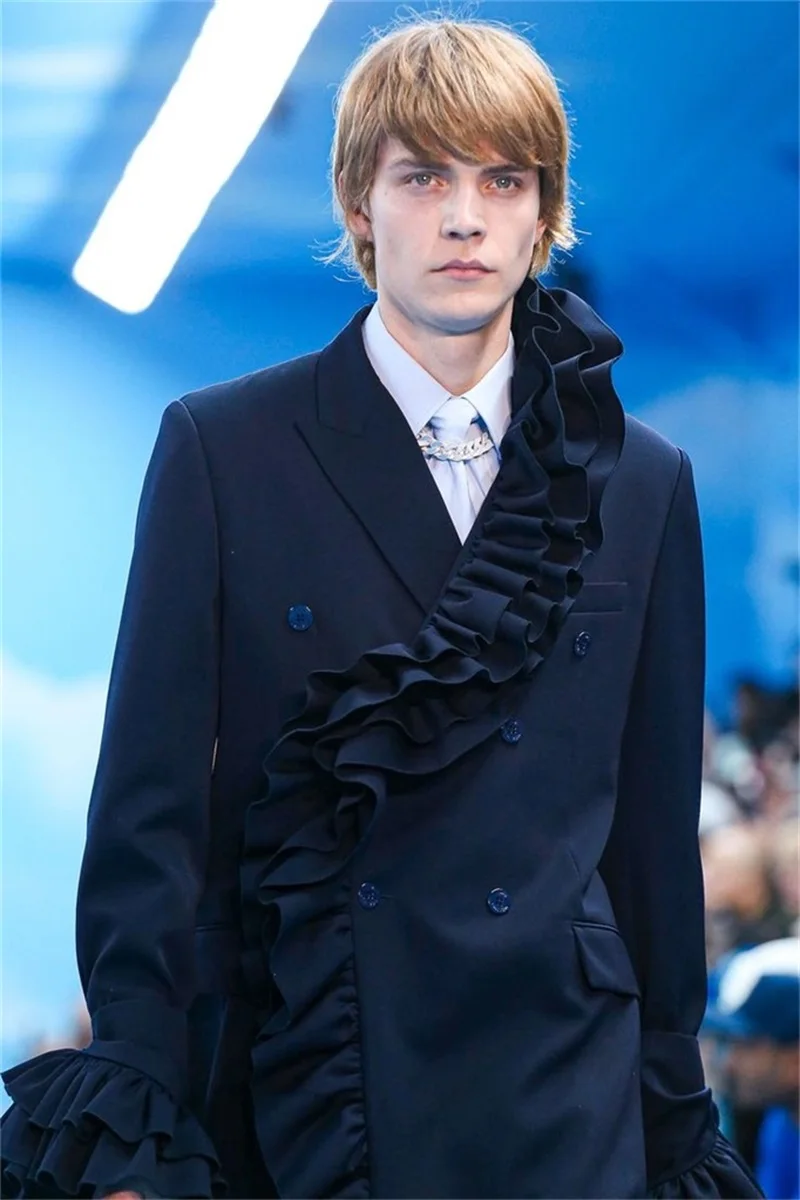 Black Men Suits Set 2 Pcs Long Overcoat+Pants Trousers Ruffles Customized Groom Wedding Tuxedos Formal Office Jacket Coat