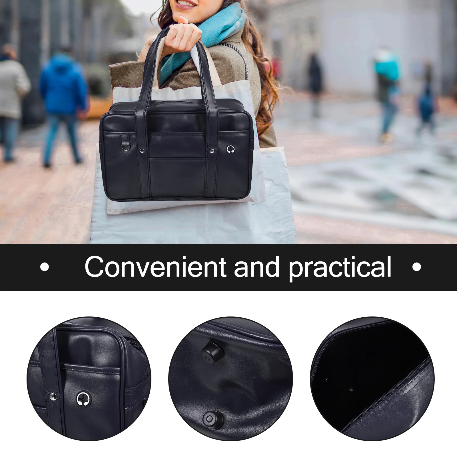 PU Waterproof Laptop School Bag Large Capacity Single Shoulder Tote Lightweight Earphone Hole Office Business Travel Messenger