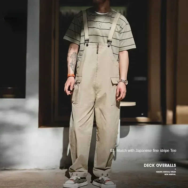 

Pure Cotton American Vintage Khaki Strap Pants Straight Ruffled Trousers Handsome Loose Fitting Overalls Casual Jumpsuit