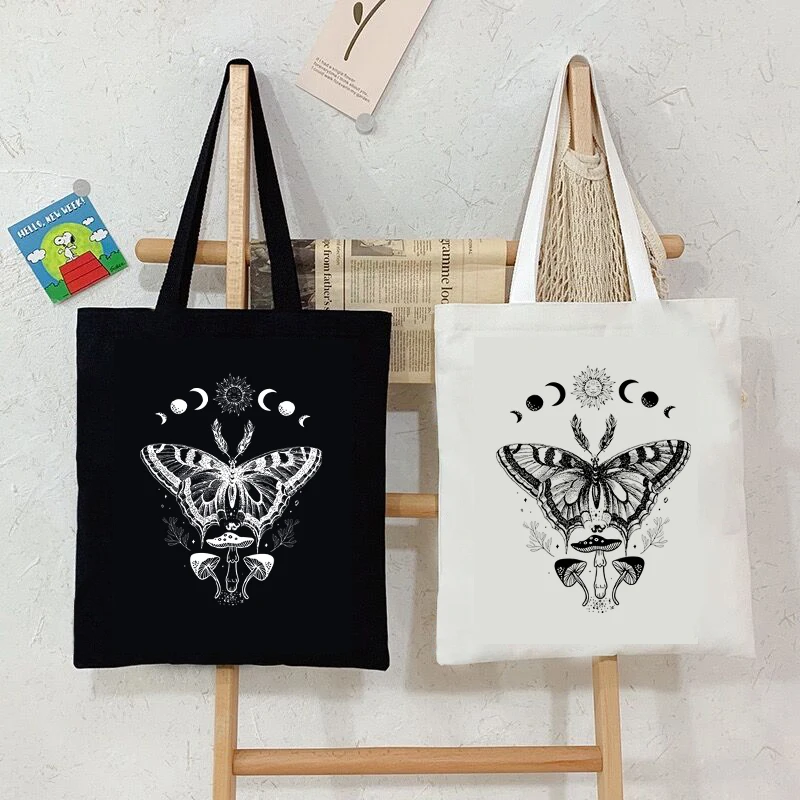 Shoulder Bag Vintage Sun Moon Butterfly Canvas Tote Bag Women Mushroom Series Shopping Bag Plant Style Student Mushroom Handbags