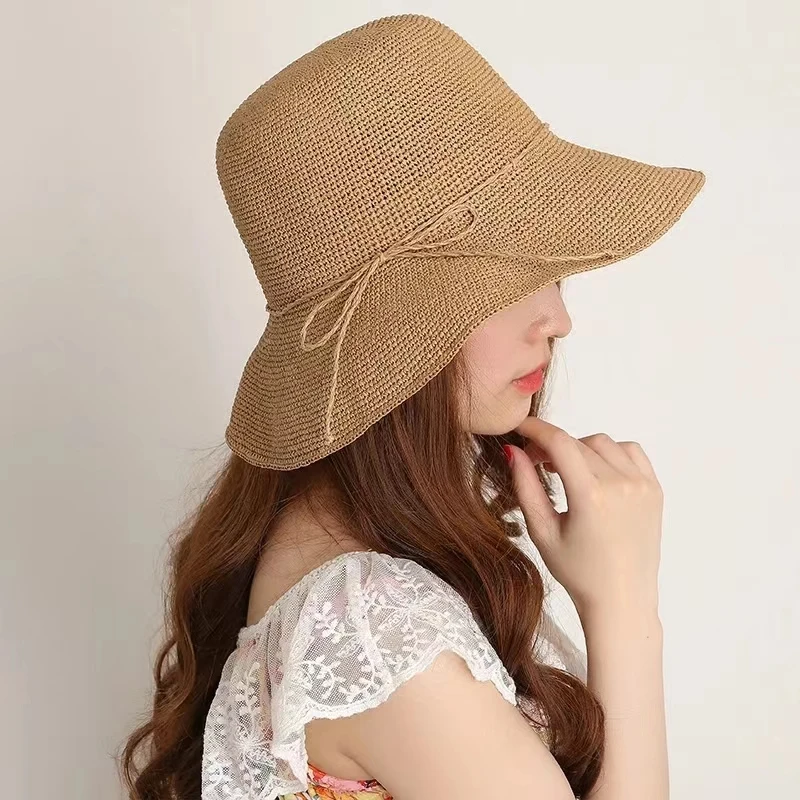 

Raffia Sun Hats Women's Wide Brim Straw Bucket Hat UV Protection Foldable Panama Sun Protection Cap Outdoor Holiday Visor Caps