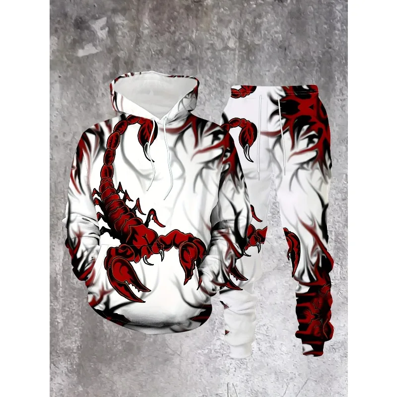Masculino 3D Branco Tigre Escorpião Impresso Moda Sportswear Primavera e Outono Casual Calças Com Capuz Conjunto de Duas Peças
